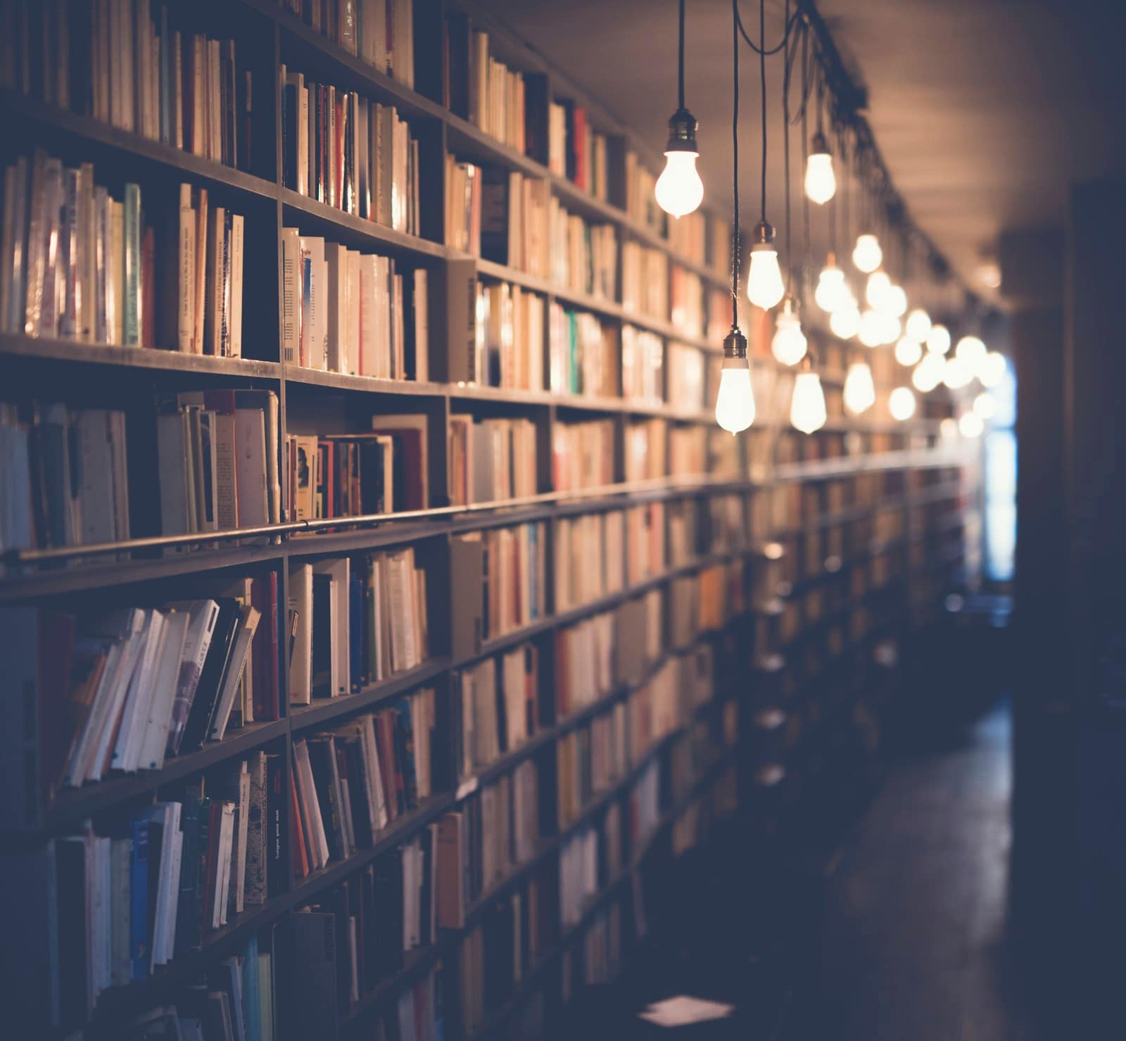 A dim library aisle lit by warm hanging bulbs